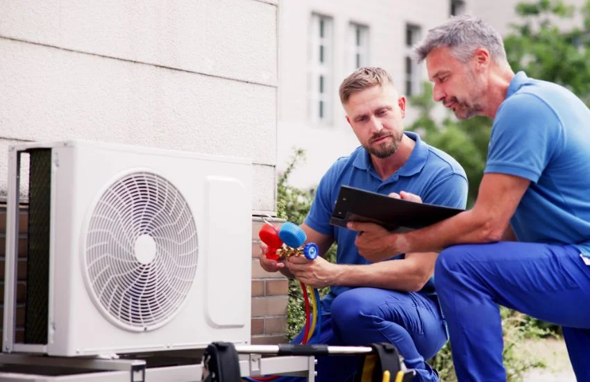 Técnicos instalando sistema de aire acondicionado por conductos en el exterior de una vivienda
