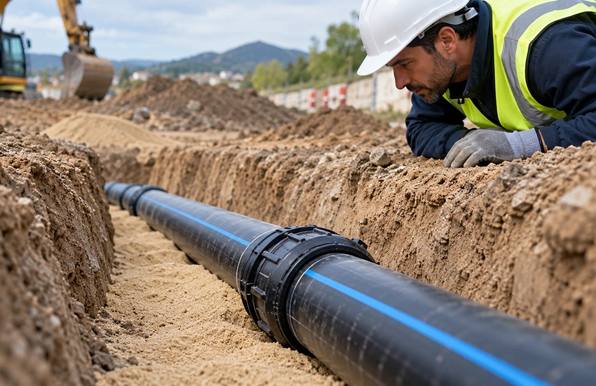 Técnico revisando una unión de tuberías de agua potable en una canalización enterrada.